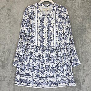 LOFT Dress Womens 2 Blue White Floral Long Sleeve Button Front Boho Mini India